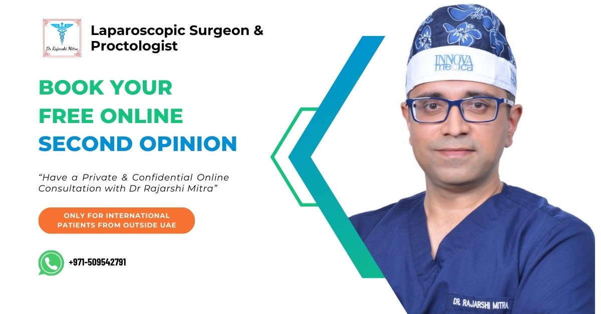 Advertisement for a free online second opinion consultation service offered by Dr Rajarshi Mitra Specialist Laparoscopic Surgeon & Proctologist Abu Dhabi. The visual features Dr. Mitra in medical scrubs with a decorative cap, alongside text encouraging international patients outside the UAE to book a private and confidential consultation, with a contact number displayed.
