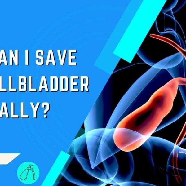 An informational graphic with a headline 'How can I save my gallbladder naturally?' with an anatomical illustration of a human gallbladder and bile ducts in orange-red on a blue abstract background, accompanied by a gallbladder icon and label in the lower left corner.