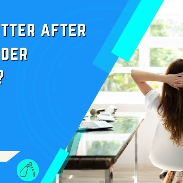 An informative graphic posing the question 'Is life better after gallbladder removal?' in capitalized, bold text on a bright blue background with a modern geometric design. The right side of the image shows a photo of a woman sitting comfortably in a sunlit room, hands clasped behind her head, suggesting relaxation and wellbeing post-surgery. A gallbladder icon and label are visible in the lower left corner, maintaining the medical theme of the graphic.