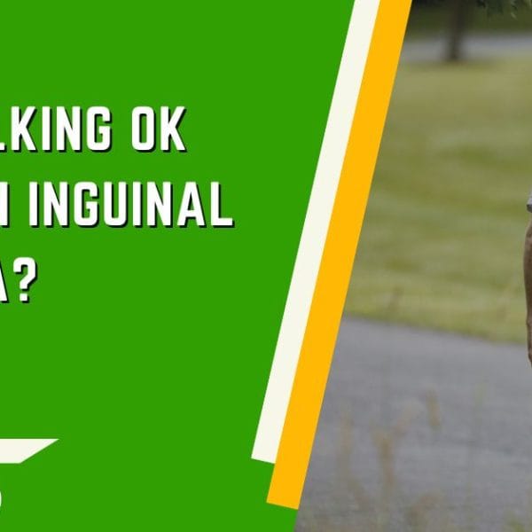This is an educational image by Dr. Rajarshi Mitra, Specialist Laparoscopic Surgeon & Proctologist in Abu Dhabi, asking 'Is walking OK for an inguinal hernia?' The image features a man viewed from behind, walking in a park, which suggests a lifestyle approach to managing an inguinal hernia. The bright green background highlights the question and an icon representing inguinal hernia, providing a visual cue for the discussion topic.