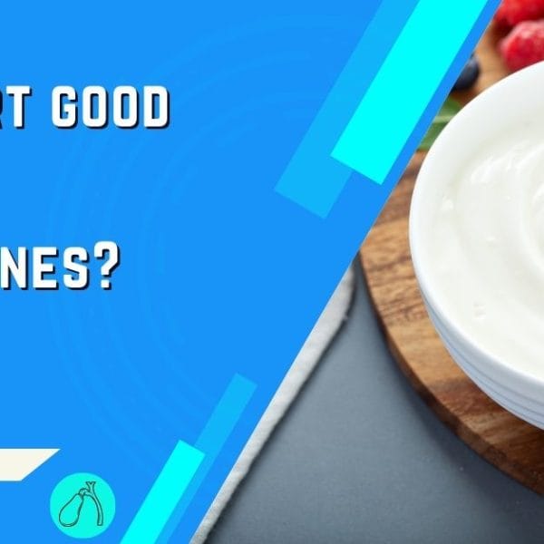 A nutritional health graphic asking 'Is yogurt good for gallstones?' The question is in bold, capitalized letters on a blue background with a modern design. On the right side, there is a bowl of low-fat yogurt on a wooden surface, accompanied by a variety of berries and nuts, suggesting a healthy diet option that may be beneficial for those with gallstones. A gallbladder icon and label are situated in the lower left corner, associating the content with gallbladder health.