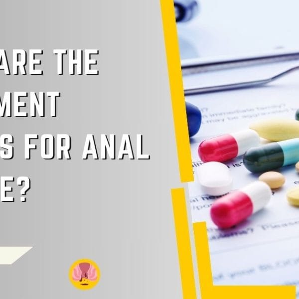 An instructional image by Dr Rajarshi Mitra Specialist Laparoscopic Surgeon & Proctologist Abu Dhabi, discussing the treatment options for anal fissure. The graphic features an assortment of colorful capsules and tablets in the foreground, symbolizing medication, with a blurred stethoscope and patient medical records in the background. Overlaid text queries 'What are the treatment options for anal fissure?' suggesting a focus on medical advice and pharmaceutical therapies in managing this condition.