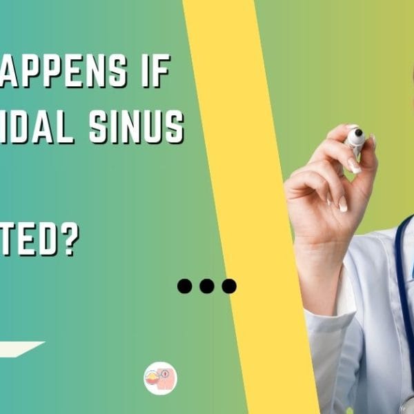 Informative medical presentation slide by Dr. Rajarshi Mitra, Specialist Laparoscopic Surgeon & Proctologist in Abu Dhabi, titled 'What Happens If A Pilonidal Sinus Is Left Untreated?'. The visual shows a confident female doctor with a stethoscope, writing on an invisible surface, presumably explaining the consequences of not treating a pilonidal sinus. The slide has a clean design with a teal backdrop, a yellow vertical stripe, and the medical practice's logo discreetly placed in the frame.