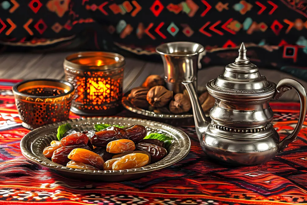 A plate of dates, fruits, cup of herbal teas, and a jug.