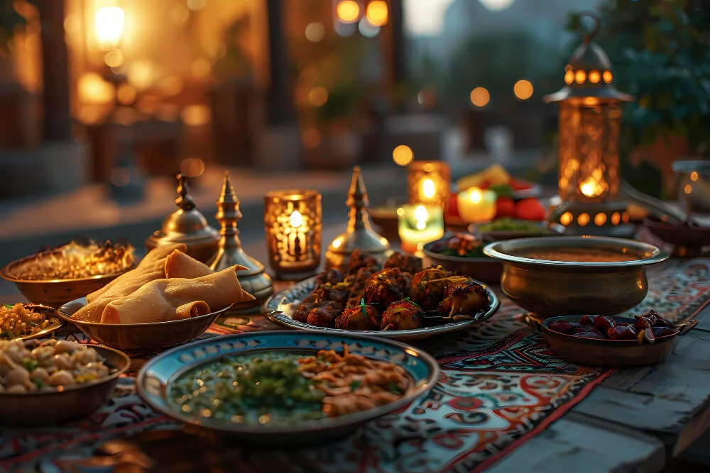A platter of Iftaar food, including dates, legumes, and herbal tea.
