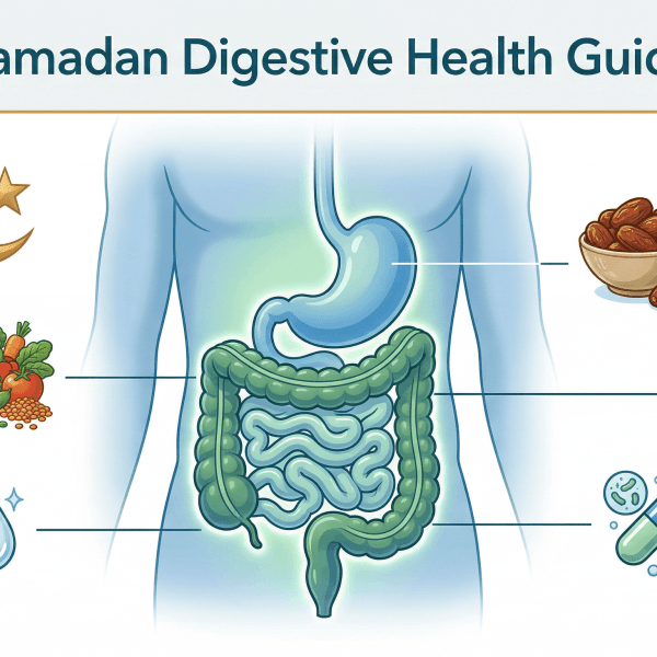 Ramadan Digestive Health Guide - Illustrated digestive system with crescent moon, dates, and prevention strategy icons - Evidence-based fasting health information from Dr. Rajarshi Mitra FACS, Abu Dhabi